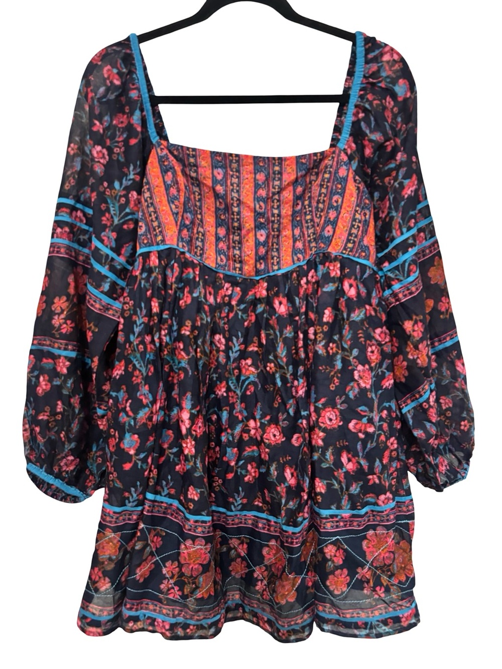 Boho Floral Square-Neck Peasant Blouse Navy Link Teal